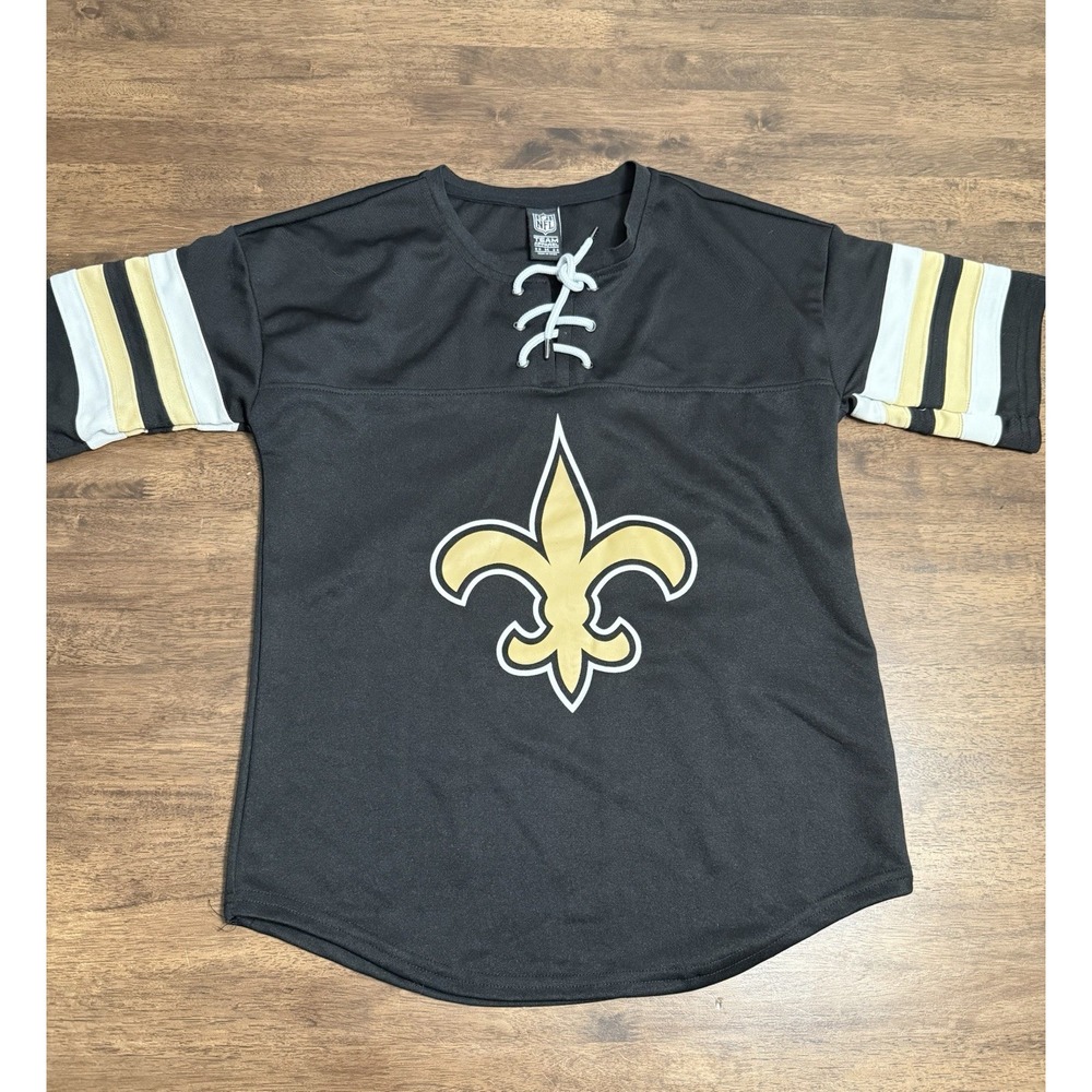 New Orleans Saints NFL Team Apparel Womens Black Lace Up Jersey Shirt Top Medium